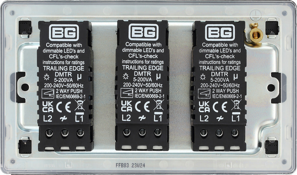 BG FFB83 Flatplate Screwless 2-Way Triple Intelligent Trailing Edge LED Dimmer Push On/Off - Matt Black - westbasedirect.com