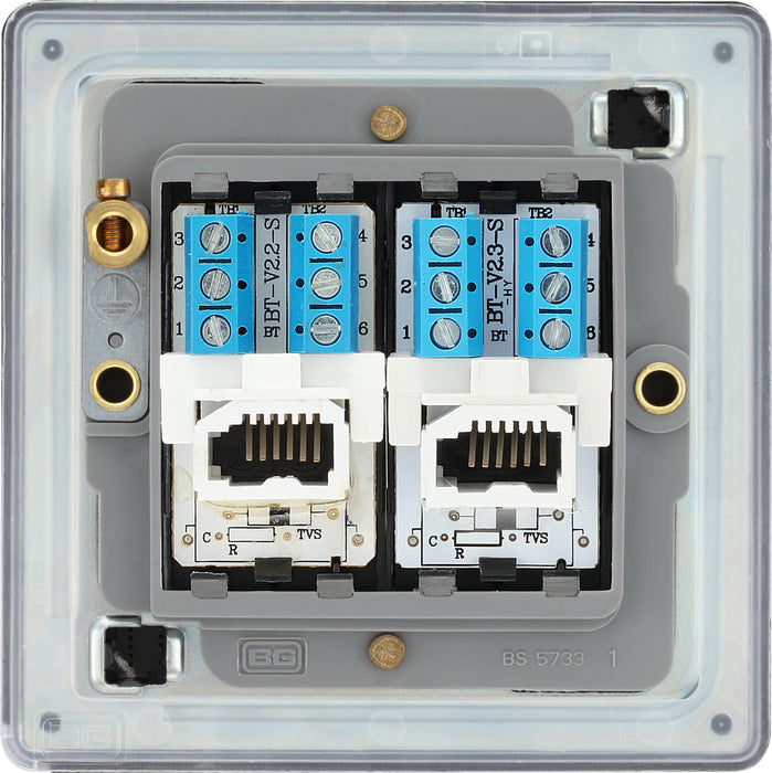 BG FFBBTS2 Flatplate Screwless Double Slave Telephone Socket - Matt Black - westbasedirect.com