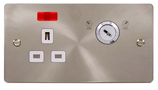 Click Define FPBS655WH Flat Plate 13A Ingot 1G DP Key Lockable Switched Socket + Neon - Brushed Stainless (White) - westbasedirect.com
