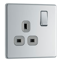 BG FPC21G Flatplate Screwless Single Socket 13A - Grey Insert - Polished Chrome