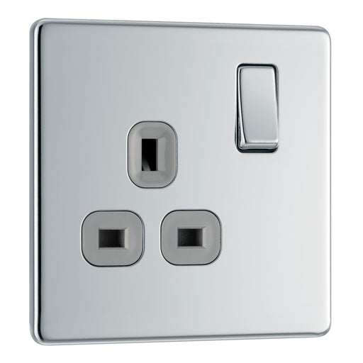 BG FPC21G Flatplate Screwless Single Socket 13A - Grey Insert - Polished Chrome - westbasedirect.com