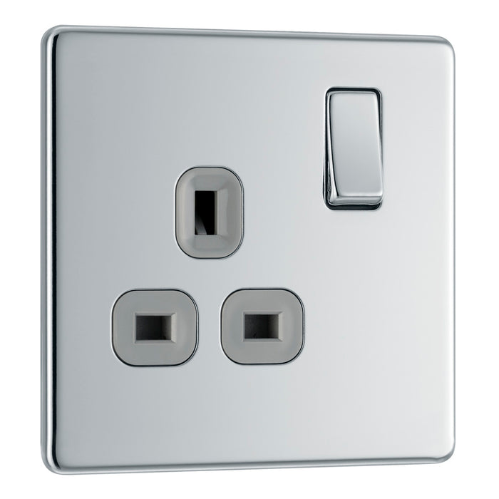 BG FPC21G Flatplate Screwless Single Socket 13A - Grey Insert - Polished Chrome (5 Pack) - westbasedirect.com