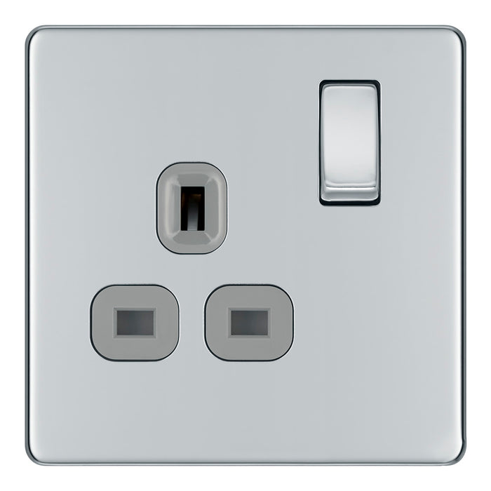 BG FPC21G Flatplate Screwless Single Socket 13A - Grey Insert - Polished Chrome (5 Pack) - westbasedirect.com