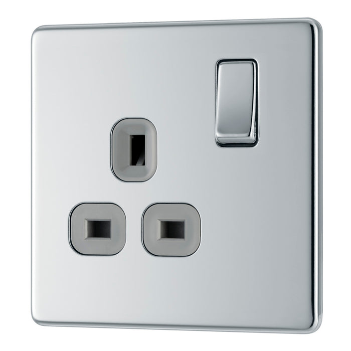 BG FPC21G Flatplate Screwless Single Socket 13A - Grey Insert - Polished Chrome (5 Pack) - westbasedirect.com
