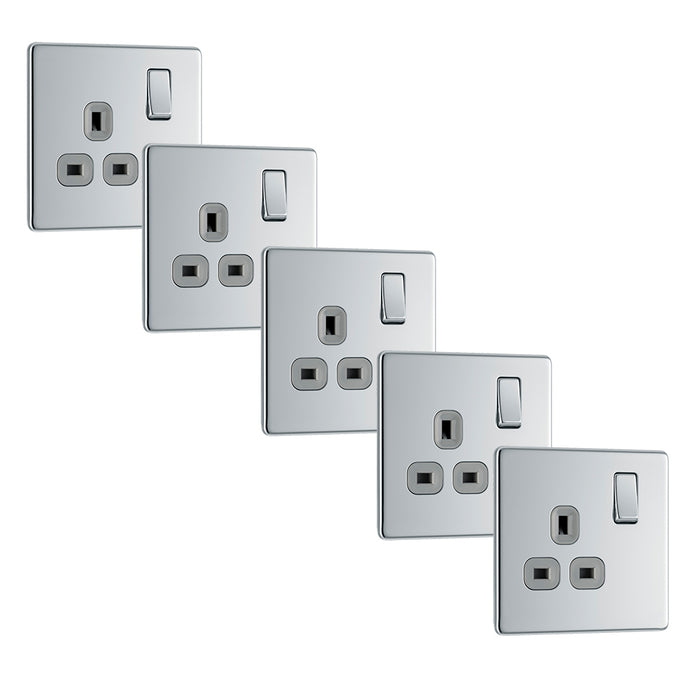 BG FPC21G Flatplate Screwless Single Socket 13A - Grey Insert - Polished Chrome (5 Pack) - westbasedirect.com