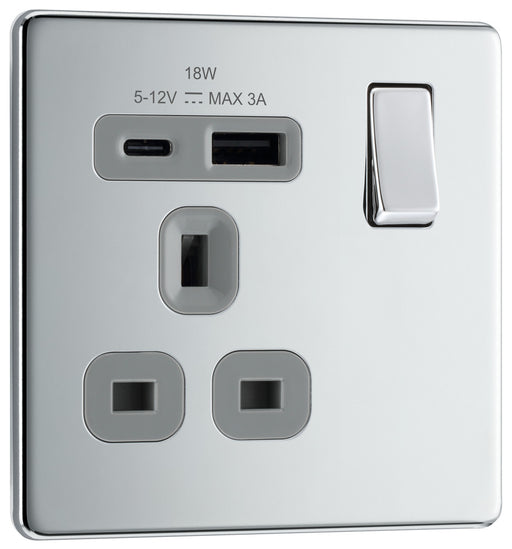 BG FPC21UAC18G Flatplate Screwless 13A Single Switched Power Socket + USB A+C (18W) - Polished Chrome + Grey Insert - westbasedirect.com