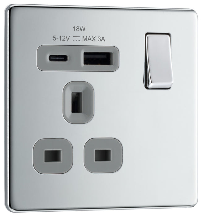 BG FPC21UAC18G Flatplate Screwless 13A Single Switched Power Socket + USB A+C (18W) - Polished Chrome + Grey Insert - westbasedirect.com