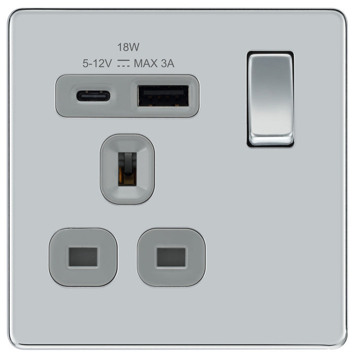 BG FPC21UAC18G Flatplate Screwless 13A Single Switched Power Socket + USB A+C (18W) - Polished Chrome + Grey Insert - westbasedirect.com