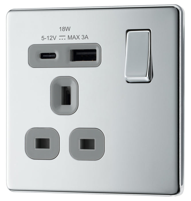 BG FPC21UAC18G Flatplate Screwless 13A Single Switched Power Socket + USB A+C (18W) - Polished Chrome + Grey Insert - westbasedirect.com