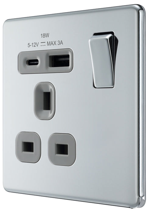 BG FPC21UAC18G Flatplate Screwless 13A Single Switched Power Socket + USB A+C (18W) - Polished Chrome + Grey Insert - westbasedirect.com