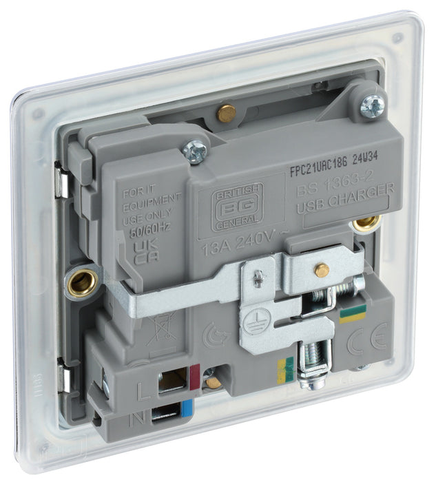 BG FPC21UAC18G Flatplate Screwless 13A Single Switched Power Socket + USB A+C (18W) - Polished Chrome + Grey Insert - westbasedirect.com