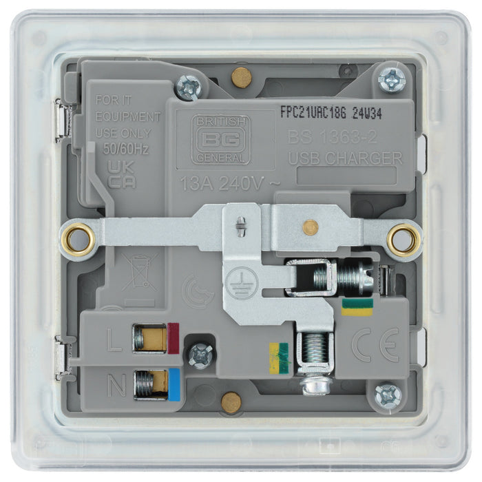 BG FPC21UAC18G Flatplate Screwless 13A Single Switched Power Socket + USB A+C (18W) - Polished Chrome + Grey Insert - westbasedirect.com
