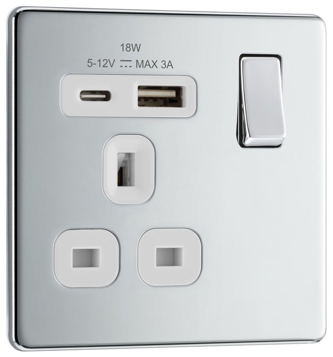 BG FPC21UAC18W Flatplate Screwless 13A Single Switched Power Socket + USB A+C (18W) - Polished Chrome + White Insert - westbasedirect.com