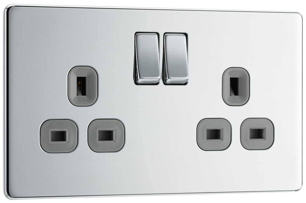 BG FPC22G Flatplate Screwless Double Socket 13A - Grey Insert - Polished Chrome (5 Pack) - westbasedirect.com