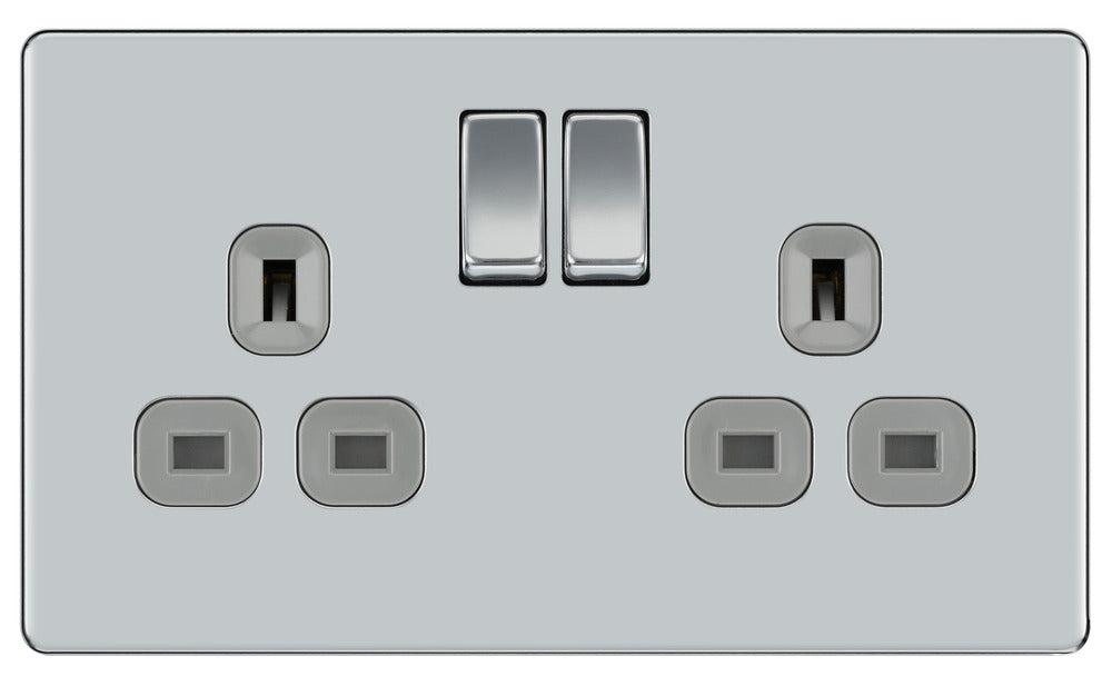 BG FPC22G Flatplate Screwless Double Socket 13A - Grey Insert - Polished Chrome (5 Pack) - westbasedirect.com
