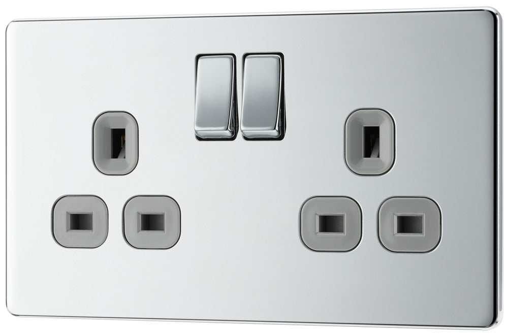 BG FPC22G Flatplate Screwless Double Socket 13A - Grey Insert - Polished Chrome (5 Pack) - westbasedirect.com