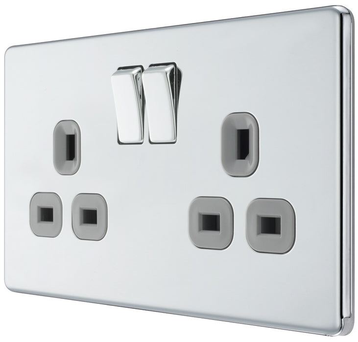 BG FPC22G Flatplate Screwless Double Socket 13A - Grey Insert - Polished Chrome (5 Pack) - westbasedirect.com
