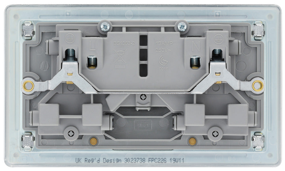 BG FPC22G Flatplate Screwless Double Socket 13A - Grey Insert - Polished Chrome (5 Pack) - westbasedirect.com