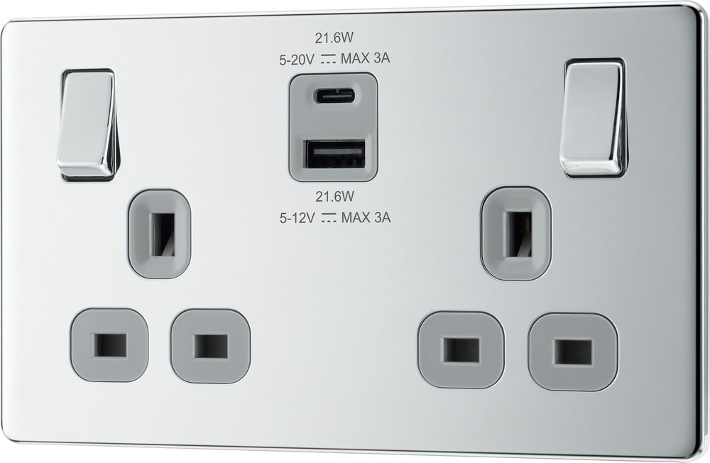 BG FPC22UAC22G Flatplate Screwless 13A Double Switched Power Socket + USB A+C (22W) - Polished Chrome + Grey Insert - westbasedirect.com