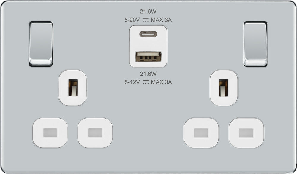 BG FPC22UAC22W Flatplate Screwless 13A Double Switched Power Socket + USB A+C (22W) - Polished Chrome + White Insert - westbasedirect.com