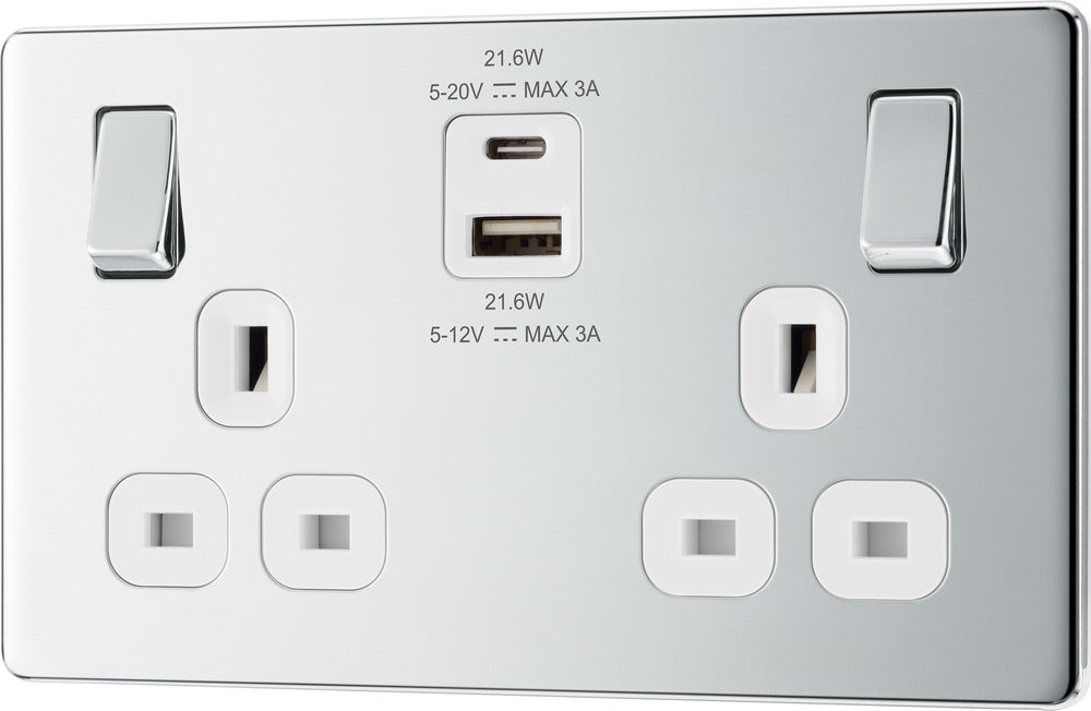 BG FPC22UAC22W Flatplate Screwless 13A Double Switched Power Socket + USB A+C (22W) - Polished Chrome + White Insert - westbasedirect.com