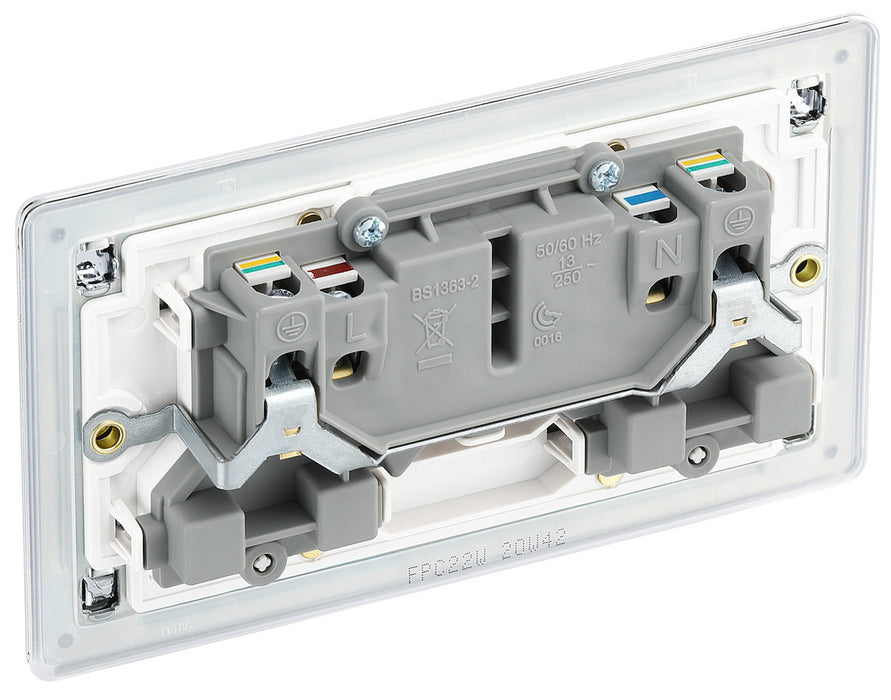 BG FPC22W Flatplate Screwless Double Socket 13A - White Insert - Polished Chrome - westbasedirect.com