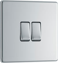 BG FPC42 Flatplate Screwless 20A 16AX 2 Way Double Light Switch - Polished Chrome