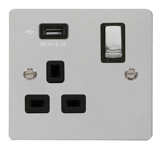 Click Define FPCH571UBK Flat Plate 13A Ingot 1G Switched Socket + 1x2.1A USB - Polished Chrome (Black) - westbasedirect.com