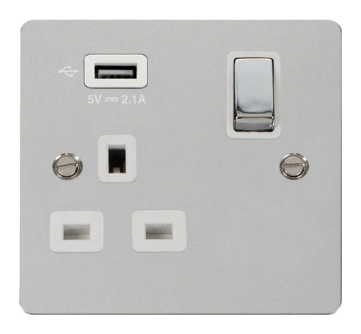 Click Define FPCH571UWH Flat Plate 13A Ingot 1G Switched Socket + 1x2.1A USB - Polished Chrome (White) - westbasedirect.com