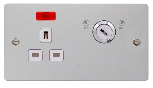 Click Define FPCH655WH Flat Plate 13A Ingot 1G DP Key Lockable Switched Socket + Neon - Polished Chrome (White) - westbasedirect.com