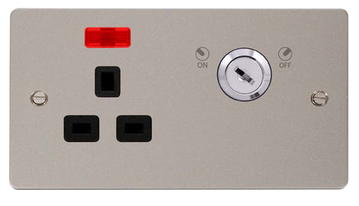 Click Define FPPN655BK Flat Plate 13A Ingot 1G DP Key Lockable Switched Socket + Neon - Pearl Nickel (Black) - westbasedirect.com