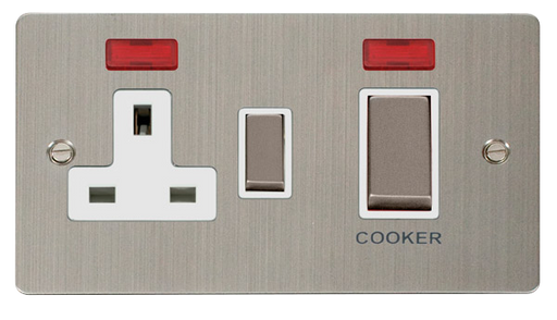Click Define FPSS505WH Flat Plate 45A Ingot 2G DP Switch + 13A DP Switched Socket + Neon - Stainless Steel (White) - westbasedirect.com