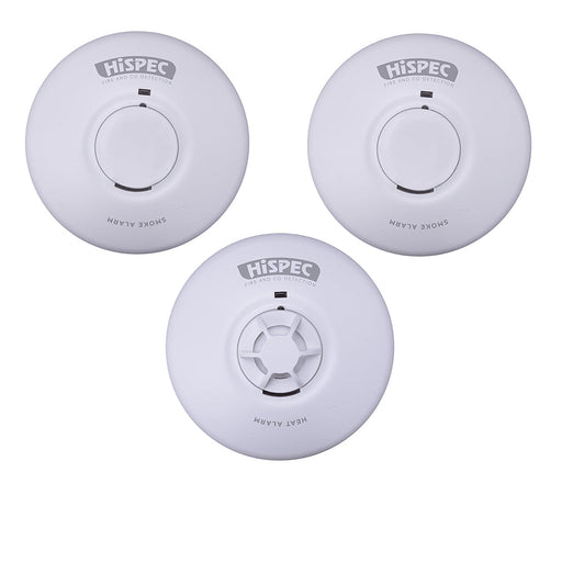 HiSPEC Mains Powered INTERCONNECTABLE 2x Smoke & 1x Heat Alarm with 9V Battery Back-Up - westbasedirect.com