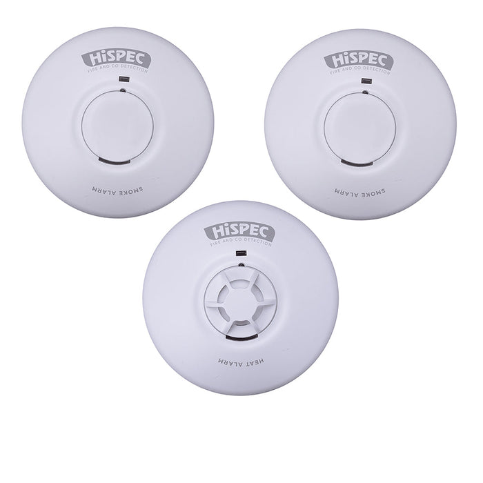 HiSPEC Mains Powered INTERCONNECTABLE 2x Smoke & 1x Heat Alarm with 9V Battery Back-Up - westbasedirect.com