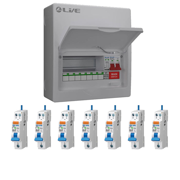 LIVE Electrical LSMC10M-SP 7 Usable Way 20/40kA T2 SPD Metal Consumer Unit & 7 AMR Type A Bi-Directional RCBOs - westbasedirect.com