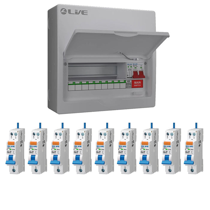 LIVE Electrical LSMC12M-SP 9 Usable Way 20/40kA T2 SPD Metal Consumer Unit & 9 AMR Type A Bi-Directional RCBOs - westbasedirect.com