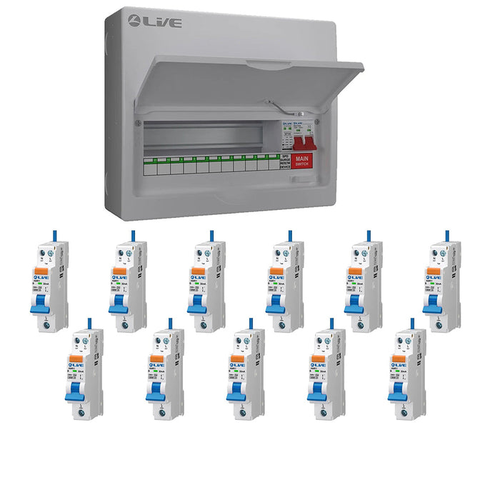LIVE Electrical LSMC14M-SP 11 Usable Way 20/40kA T2 SPD Metal Consumer Unit & 11 AMR Type A Bi-Directional RCBOs - westbasedirect.com