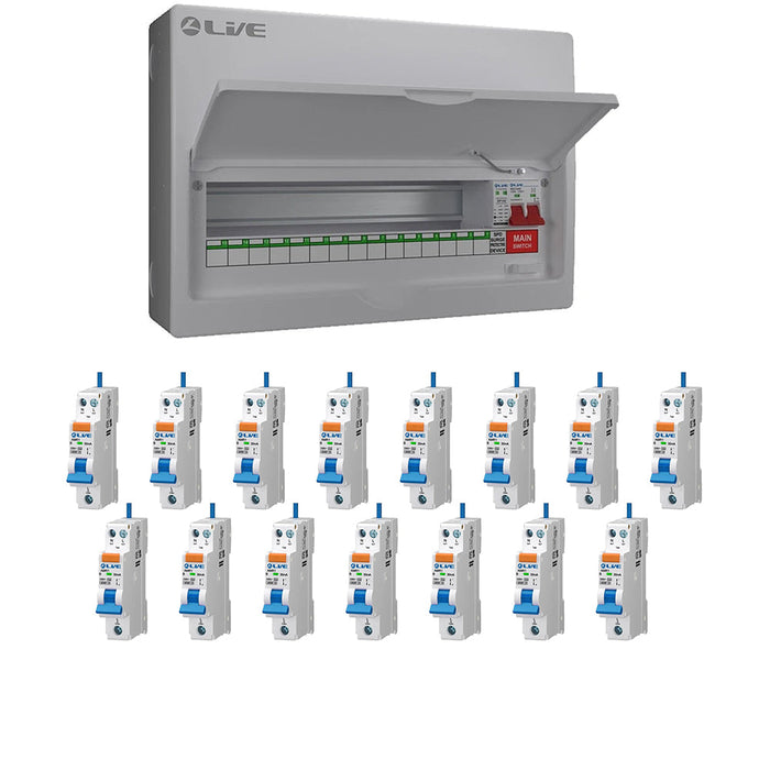 LIVE Electrical LSMC18M-SP 15 Usable Way 20/40kA T2 SPD Metal Consumer Unit & 15 AMR Type A Bi-Directional RCBOs - westbasedirect.com