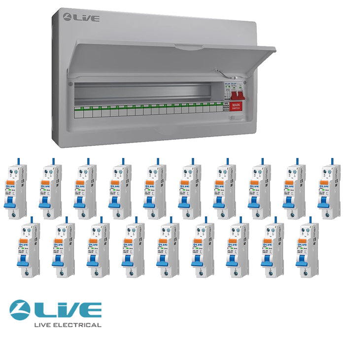 LIVE Electrical LSMC22M-SP 19 Usable Way 20/40kA T2 SPD Metal Consumer Unit & 19 AMR Type A Bi-Directional RCBOs - westbasedirect.com
