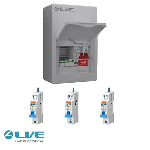 LIVE Electrical LSMC6M-SP 3 Usable Way 20/40kA T2 SPD Metal Consumer Unit & 3 AMR Type A Bi-Directional RCBOs - westbasedirect.com