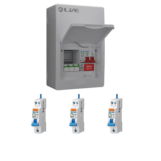 LIVE Electrical LSMC6M-SP 3 Usable Way 20/40kA T2 SPD Metal Consumer Unit & 3 AMR Type A Bi-Directional RCBOs - westbasedirect.com