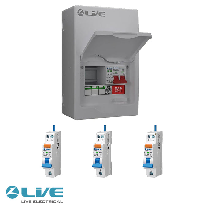 LIVE Electrical LSMC6M-SP 3 Usable Way 20/40kA T2 SPD Metal Consumer Unit & 3 AMR Type A Bi-Directional RCBOs - westbasedirect.com