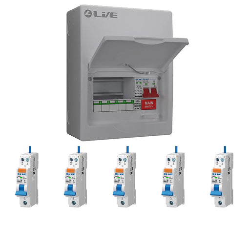 LIVE Electrical LSMC8M-SP 5 Usable Way 20/40kA T2 SPD Metal Consumer Unit & 5 AMR Type A Bi-Directional RCBOs - westbasedirect.com