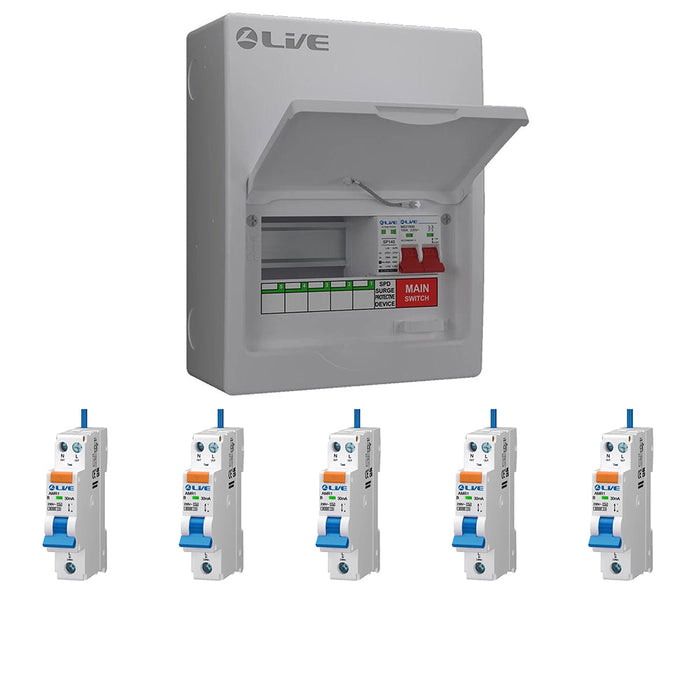 LIVE Electrical LSMC8M-SP 5 Usable Way 20/40kA T2 SPD Metal Consumer Unit & 5 AMR Type A Bi-Directional RCBOs - westbasedirect.com