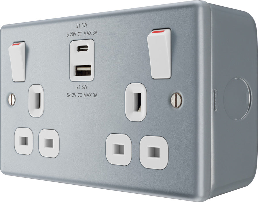 BG MC522UAC22 Metal Clad 13A Double Switched Power Socket + USB A+C (22W) - westbasedirect.com