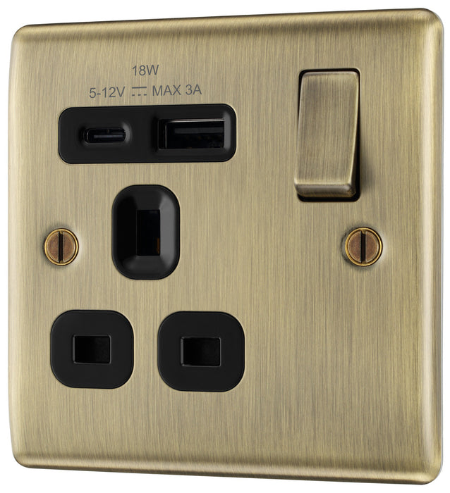 BG NAB21UAC18B Nexus Metal 13A Single Switched Power Socket + USB A+C (18W) - Antique Brass + Black Insert - westbasedirect.com
