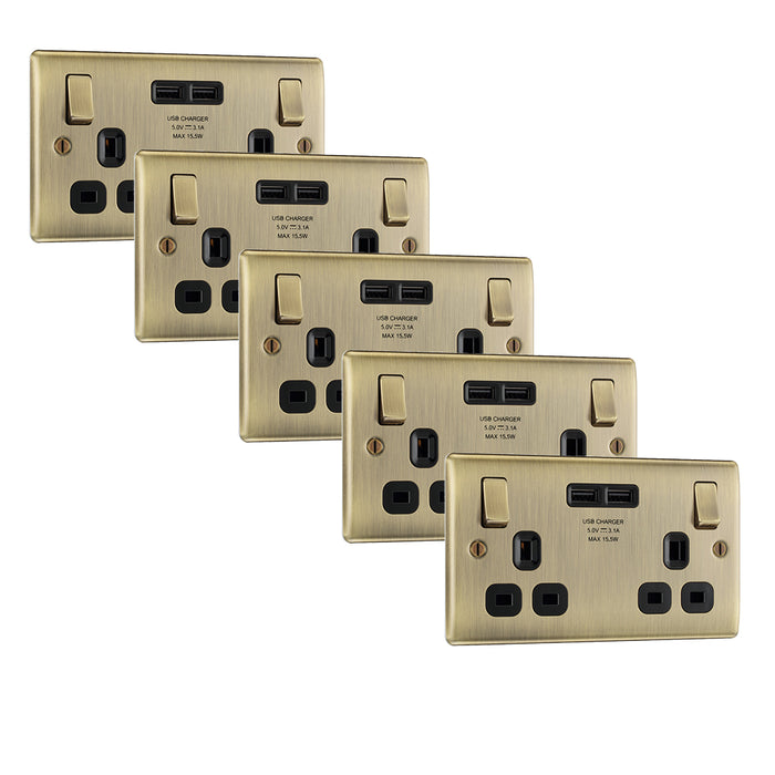 BG NAB22U3B Nexus Metal Double Socket + 2x USB(3.1A) /Black Insert - Antique Brass (5 Pack) - westbasedirect.com