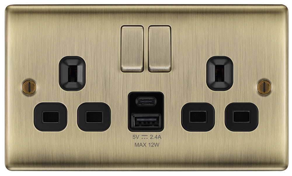 BG NAB22UAC12B Nexus Metal 13A Double Switched Power Socket + USB A+C (12W) - Antique Brass + Black Insert - westbasedirect.com
