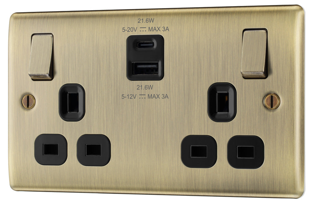 BG NAB22UAC22B Nexus Metal 13A Double Switched Power Socket + USB A+C (22W) - Antique Brass + Black Insert - westbasedirect.com