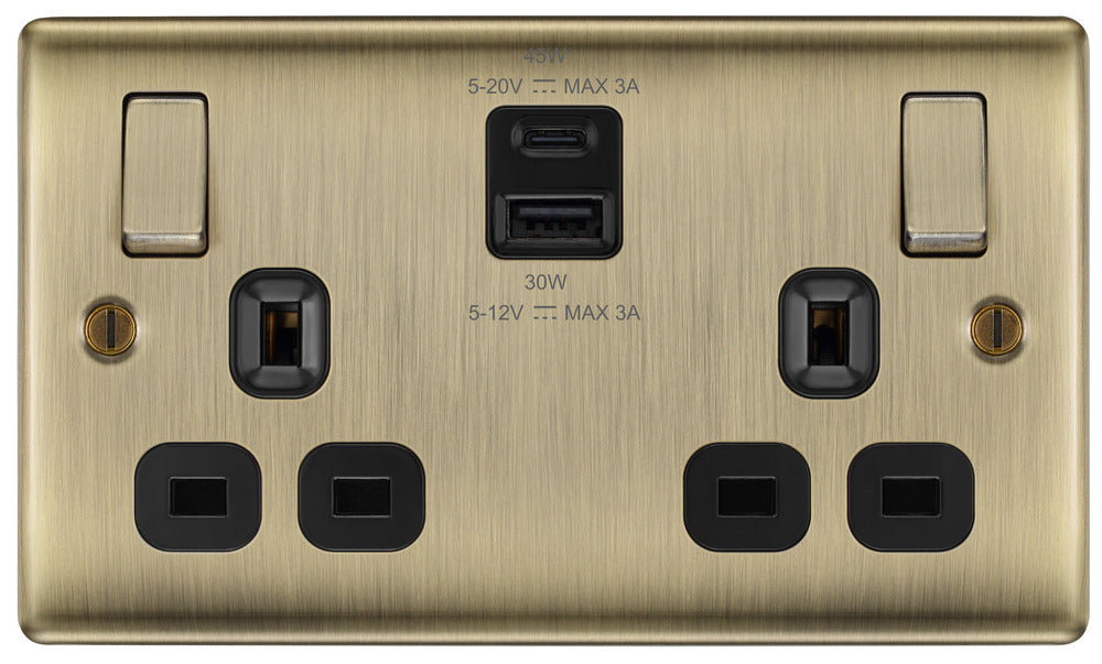 BG NAB22UAC45B Nexus Metal 13A Double Switched Power Socket + USB A+C (45W) - Antique Brass + Black Insert - westbasedirect.com